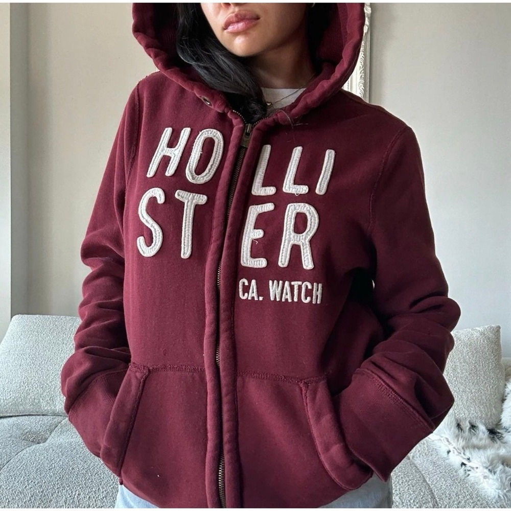 Y2K Hollister Hoodie Burgundy Zip Up Sweater Unisex 2000s Red Sweater Graphic L